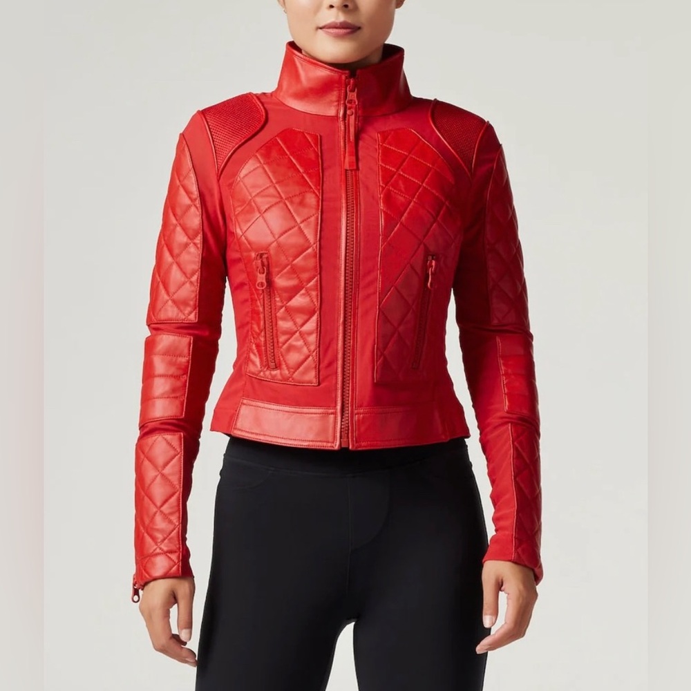 NEW Blanc Noir Classic Leather Mesh Moto Jacket - Haute Red - Women's Small